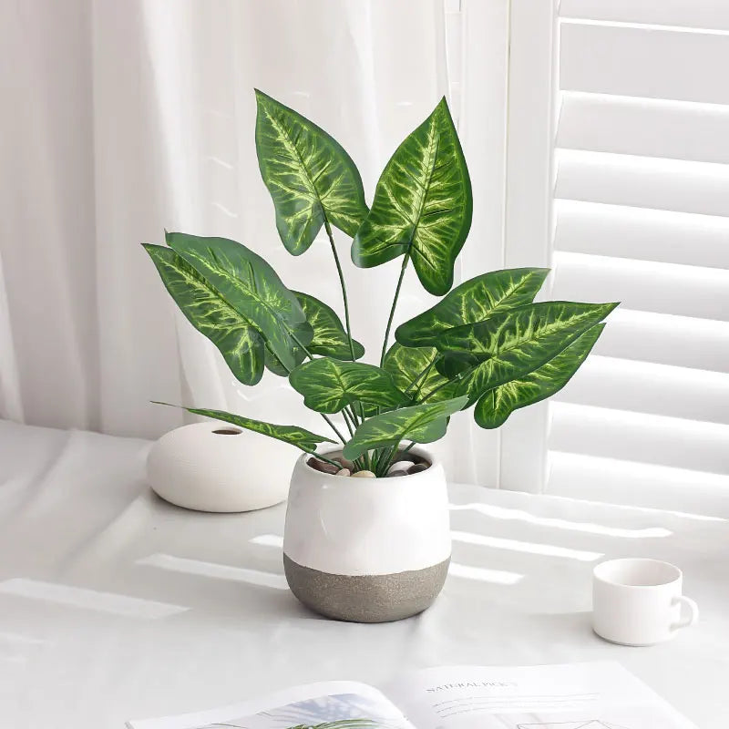 1PC Home Evergreen Plants, Artificial 12 Leaf Water Taro Tree, DIY Handmade Vase Desktop Window Sill Shelf Decoration