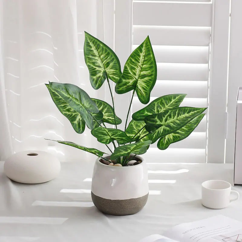 1PC Home Evergreen Plants, Artificial 12 Leaf Water Taro Tree, DIY Handmade Vase Desktop Window Sill Shelf Decoration