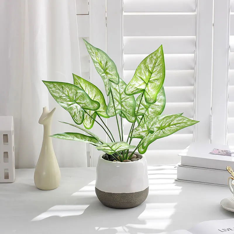 1PC Home Evergreen Plants, Artificial 12 Leaf Water Taro Tree, DIY Handmade Vase Desktop Window Sill Shelf Decoration