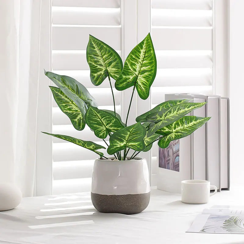 1PC Home Evergreen Plants, Artificial 12 Leaf Water Taro Tree, DIY Handmade Vase Desktop Window Sill Shelf Decoration