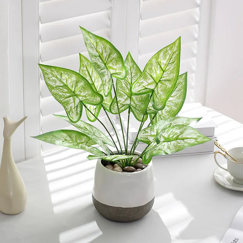 1PC Home Evergreen Plants, Artificial 12 Leaf Water Taro Tree, DIY Handmade Vase Desktop Window Sill Shelf Decoration