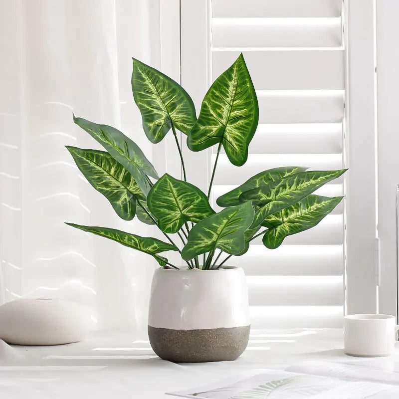 1PC Home Evergreen Plants, Artificial 12 Leaf Water Taro Tree, DIY Handmade Vase Desktop Window Sill Shelf Decoration