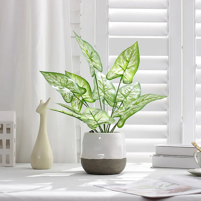 1PC Home Evergreen Plants, Artificial 12 Leaf Water Taro Tree, DIY Handmade Vase Desktop Window Sill Shelf Decoration