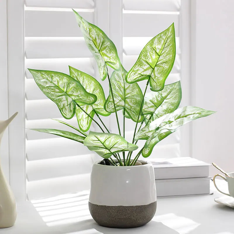 1PC Home Evergreen Plants, Artificial 12 Leaf Water Taro Tree, DIY Handmade Vase Desktop Window Sill Shelf Decoration